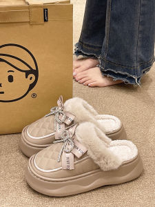 Fashion Rhinestone Bows Cotton Slippers Womens Winter Interior Home Fleece-lined Heattech Waterproof Thick Sole Closed-Toe Slippers