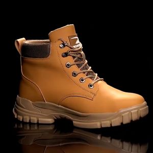 Q MALL Safety Shoes Medium-Cut Microfiber Leather boots Anti-Smashing Anti-puncture lightweight Steel toe Cap Work Protective Shoes - 679 (Yellow) / C5052 (Beige)