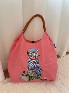 Large Capacity Nylon Embroidered Ball Chain Shopping Bag Cat Painter Daily Casual Crossbody Bag Handheld Shoulder Satchel