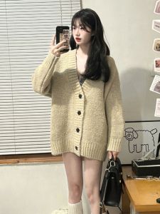 BINKAFENNY | Elegant V-Neck Knitwear Cardigan Womens Loose Thickened Autumn Winter Lazy Style Long Sleeve Casual Top Quality Fashionable