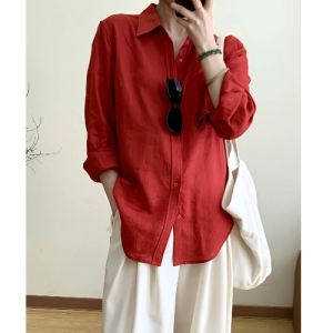 Christmas New Year Red Linen Long Sleeve Shirt Womens Commute Casual Style High Collar Lazy Fashion Sensation Office Wear