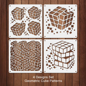 4PCS 11.8x11.8inch Geometric Cube Painting Template Set 3D Block Cutout Drawing Stencil DIY Pattern Design