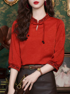 Fancy Satin Three-Quarter Sleeve Shirt Womens Clothes Spring and Summer New Arrival New Chinese Style Red Sweater National Style Elegant Tops