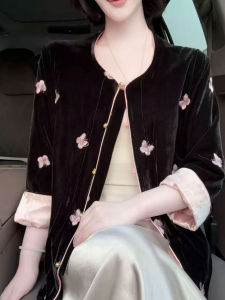 Autumn New Style Double-Sided Wear Velvet Chinese Style Womens Loose Slimming Top Fashionable Casual Long Sleeve round Neck