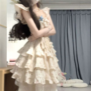 French Style Sweet Sensation Waist-Cinching Puffy Skirt Gown Gentle Breeze Short Sleeve U-Neck A-Line Dress Summer Collection