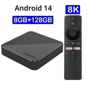 Android 14 T8 กล่องสมาร์ททีวีบลูทูธ 5.4 Rockchipp 3518 8K Ultra Dual WiFi 5G หลายภาษา Google Voice สตรีมมิ่ง Media Player