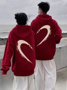 Couple Hoodies Autumn Winter Red Wine Color Special Edition Lucky Year Loose Fit Printed Drawstring Cotton Blend Outerwear