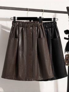 High Waist PU Leather Umbrella Skirt Womens Spring Autumn plus Size A-Line Short Skirt Outerwear Boot Skirt Elegant Sister