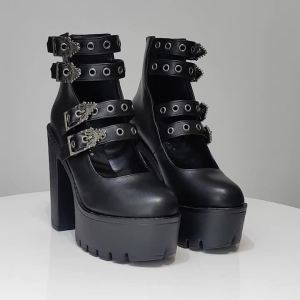 Giày Cao Gót Nữ Phong Cách Gothic Quai Khóa Đế Xuồng Kiểu Mary Jane Thời Trang Khóa Kéo Phía Sau Siêu Cao Gót