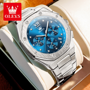 OLEVS Watch For Men Waterproof Original Genuine Quartz Luxury Diamond Dial Multifunction Stainless Steel Business Casual Luminous Calendar Chronograph men watch