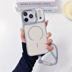 Luxury Lanyard For Magsafe Phone Case For iPhone 17 16 Pro Max Wireless Charging Matte Frosted Cover Flip Lens Stand Back Fundas