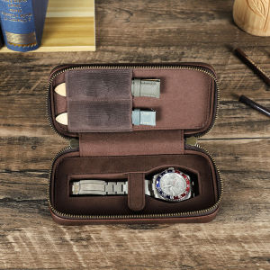 CONTACTS FAMILY Retro Handmade Genuine Leather Single Slot Watch Case Storage Extra 2 Watch Straps Watch Box Organizer Display Pouch with Free Engraving