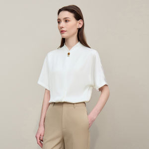 AMII | Summer New Style Pearl Wood Button Mandarin Collar Chiffon Blouse