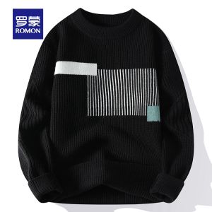 ROMON | Romon Mens Round Neck Fleece Lined Loose Casual Knitwear Winter Thick Warm Top Youthful Style Long Sleeve Overhead Sweatshirt