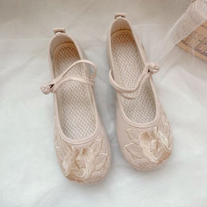 Elegant Comfortable Embroidered Cotton Linen Slip-On Shoes Womens Casual Flat Heel round Toe Traditional Chinese Style Footwear