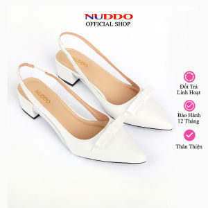Giày Mũi Nhọn Nữ Đế Vuông 3 Phân Guốc Hở Gót Dáng Slingback Nữ Đế Thấp 3cm Da Mềm NUDDO N042