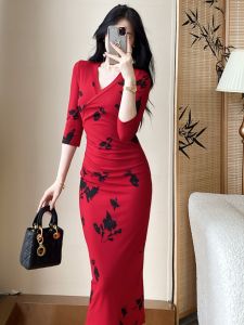 SUYE | Elegant Slimming Red Dress Autumn