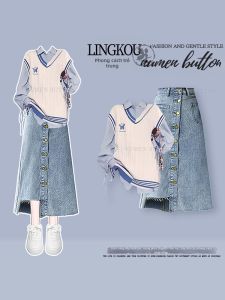 NUMEN BUTTON | Large Size Autumn Campus Style Suit Three-Piece Set