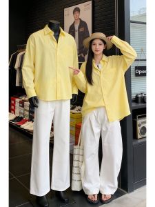 Dopamine Premium Light Lemon Yellow Couples Long Sleeve Cotton Sun-protective Shirt
