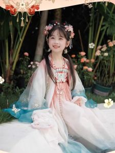 Elegant Embroidered Hanfu Set for Girls Gradient Sleeve Long Dress Super Fairy Tale Style Spring Autumn Wear Childrens Clothing