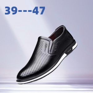 New Hollow out Mens Shoes Leather Summer Mens Casual Shoes British Style White Slip-On Leather Shoe Covers round Toe PVC Sole