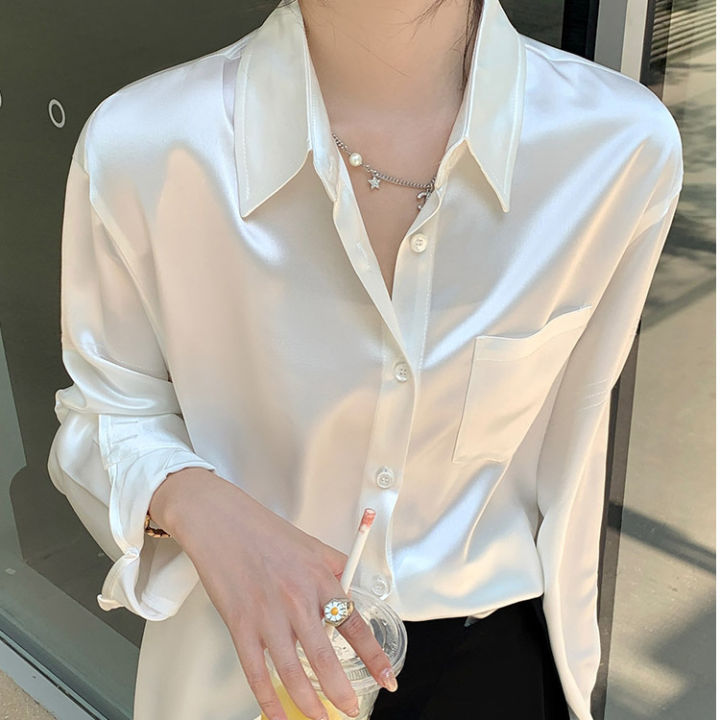 Acetate Satin White Shirt Women's Long Sleeve Stylish Niche Spring and  Autumn Women's French Top Silk Drape Shirt