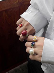 French Elegant Retro Colorful Beaded Flower Ring Sweet Maiden Pearl Graceful Online Influencer Court Minimalism Ring
