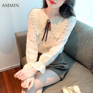 AMMIN Áo Ren Thêu Cổ Búp Bê Tay Dài Cho Nữ Áo Ren Jacquard Thắt Nơ Đa Năng Dáng Rộng Thiết Kế Thời Trang Mới Phong Cách Hàn Quốc