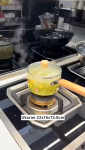 Eatkit Panci Rebus Kaca Borosilicate Gagang Kayu 1000ml Transparan Dengan Tutup Glass Soup Pot