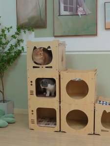 HATELI Wooden Cat House 2 IN1 Cat Bed Cat Dog Kennel Cute Pet Kitten Bed House Large size Funny Toy Assemblable Cat Bed