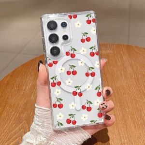 HD Clear Magnetic Phone Case For Samsung Galaxy S26 S25 S24 S23 S22 S21 S20 Note 20 Ultra Plus MagSafe Cherry Flower Print Cover