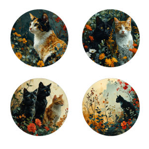 4 cat-printed coasters suitable for daily family gathering decoration offices anti-slip wooden coasters and festival gifts