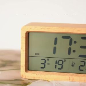 LED Wooden Digital Alarm Clock Multifunctional Large Screen Date Temperature Humidity Backlight 12/24 Hour Snooze Table Clock