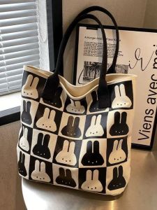 Fashionable Canvas Tote Bag Womens Single Shoulder Bag Commuter Casual All-Match Print Handbag Sweet Lady Style Zipper Closure