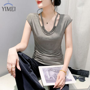 Yimei 2024 Áo Thun Nữ xương đòn lộ thiên cổ chữ V mới ngắn tay mùa hè Áo sát nách thanh lịch khí chất đàn hồi lớn
