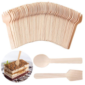 100Pcs Disposable Mini Wooden Spoon Fruit Dessert Forks Spoons Ice Cream Spoon Western Wedding Party Tableware Kitchen Accessory