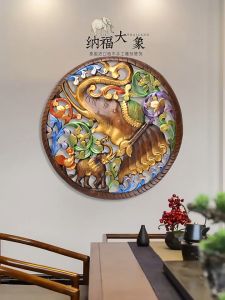 ไม้แกะกลม ลายช้างเขียนสี ไม้แกะติดผนัง ไม้สัก แกะลายช้าง กระดานแกะสลักตกแต่งบ้าน ขนาด60 60cm ตกแต่งผนัง luckythailand