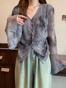 AIYITI | Unique Pink Dyeing Flare Sleeve Womens Shirt