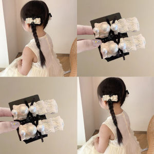 Cute Sweet Baby Girl Hair Clips Forest System Double Tail Butterfly Knot Lace Pearl Hair Accessories Childrens Fashion Accessories