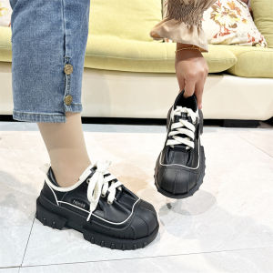 Fashionable Casual Shoes Womens Thick Bottom Patchwork Color Cowhide Shoes Korean Style round Toe mid Heel Sporty Leisure