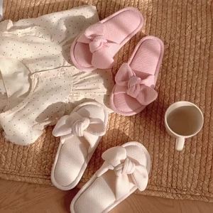 WY-XIXITIAO Home Soft Bottom Student Female Korean Simple Style Floor Shoes New Four Seasons Universal Solid Color Bow Slippers