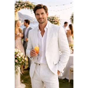 Beige Linen Men Suits Prom Men Suits 2 Pieces Lightweight Summer Blazer Pant Set Slim Fit Wedding Party Formal Casual Outfit