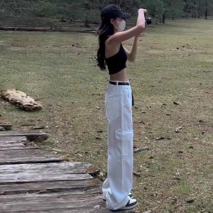 Quần Ống Rộng Lưng Cao Màu Trắng Dáng Rộng Cho Nữ Mùa Hè 2024 Quần Ống Rộng Cạp Cao Phong Cách Mỹ Quần Dài