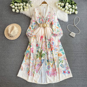 French Royal Style Formal Dress for Women Sweet Lace V-neck Double-Breasted Silm Long Design Print Dress