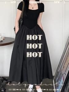 Black Square Collar Slimming Flattering Long Dress for Plus Size