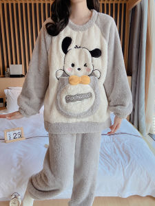 Bộ Đồ Ngủ Bằng Vải Nhung Cừu Coral Dày Dặn Mùa Thu Đông Cho Nữ Áo Chui Đầu Quần Dài Vải Polyester Thoải Mái Mặc Nhà