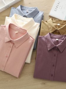 Womens Shirt Spring & Fall Brushed New Arrival Pointed Collar All Cotton Loose Long Sleeves Solid Color Shirt Inner Bottoming Shirt Easiest for Match Tops