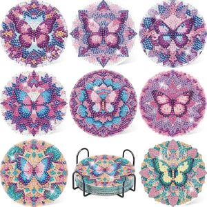 Bộ 8 Đế Lót Ly Tranh Kim Cương Họa Tiết Bướm Tự Làm Bằng Nhựa Resin Dành Cho Người Lớn Phối Nhiều Hình Ảnh Phong Cách Đồng Quê