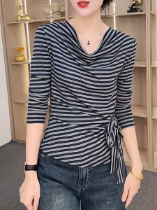 QINGNAER | Elegant Striped Flare Collar Long Sleeve Oversized Slimming T-Shirt