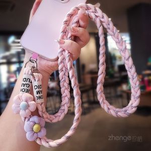 Womens Long Three-Strand Braided Phone Strap Travel Shell Case Side-Back Crossbody Floral Woven Lanyard Fresh And Cute Style